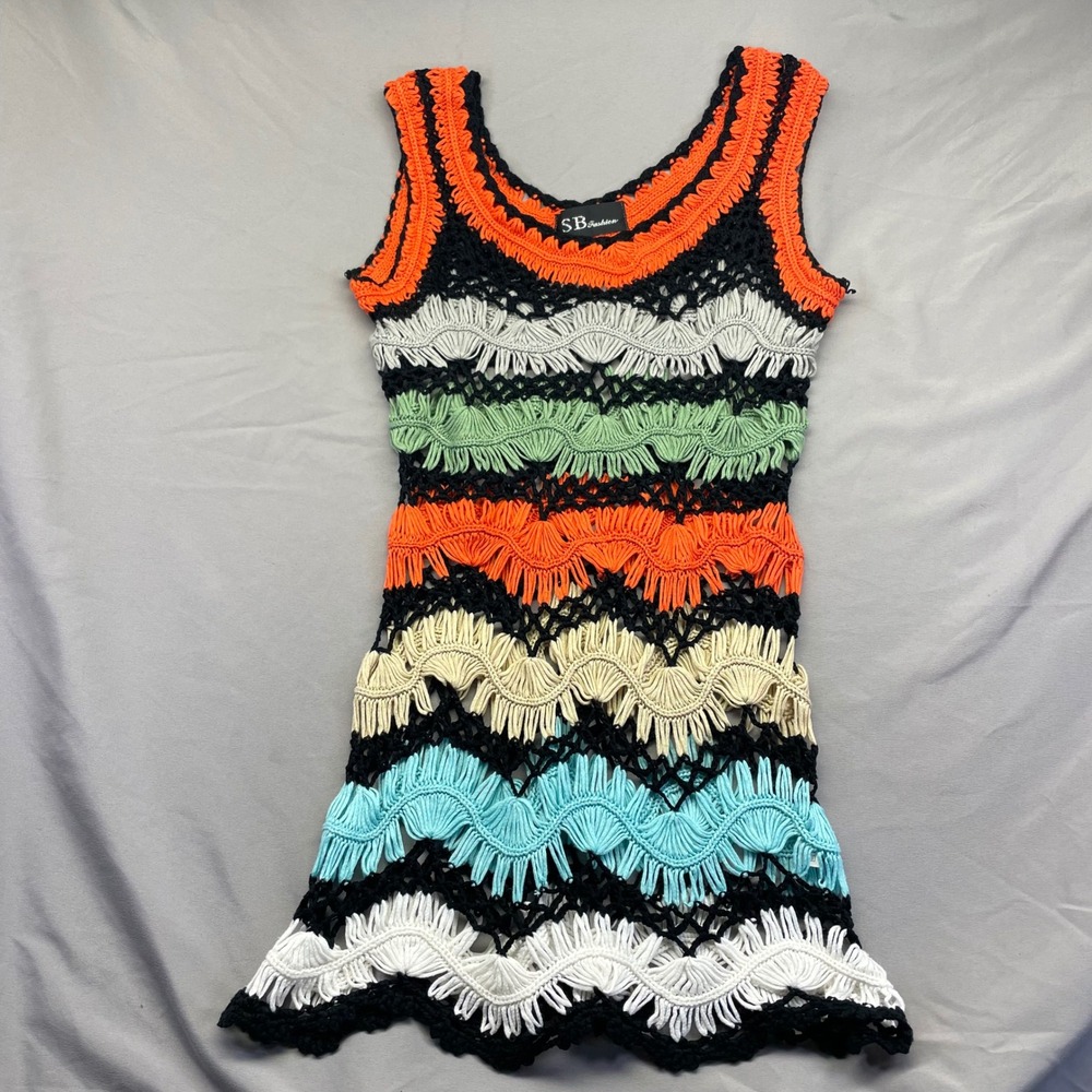 SB Fashion Crochet Mini Dress Multicolor Chevron Sleeveless Cotton Boho Festival